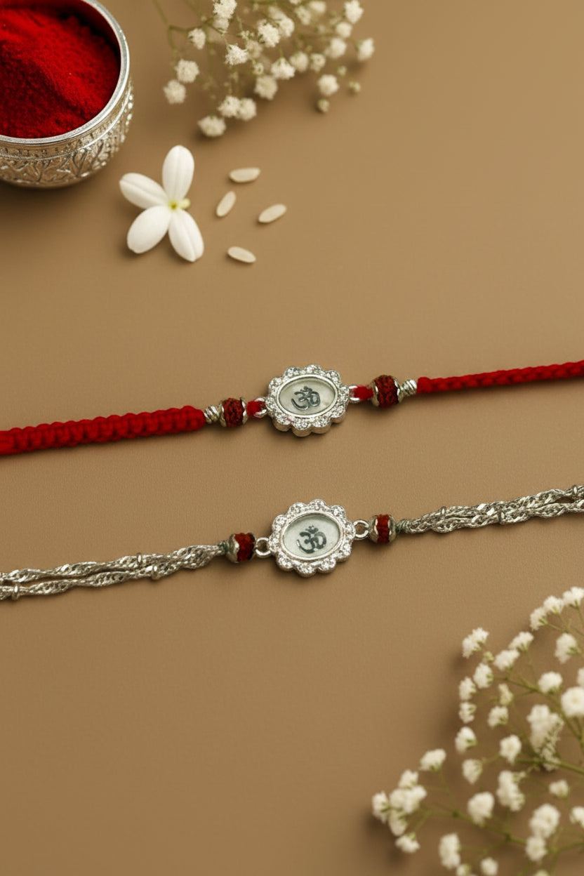 WHITE OM BHUMIKA SILVER RAKHI (COUPLE RAKHI)