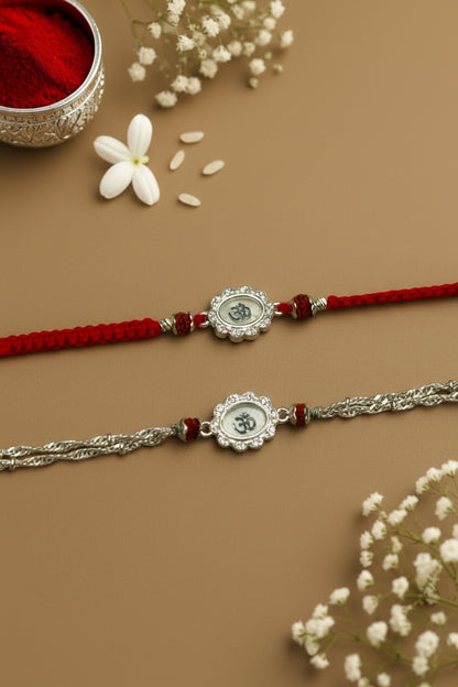 WHITE OM BHUMIKA SILVER RAKHI (COUPLE RAKHI)