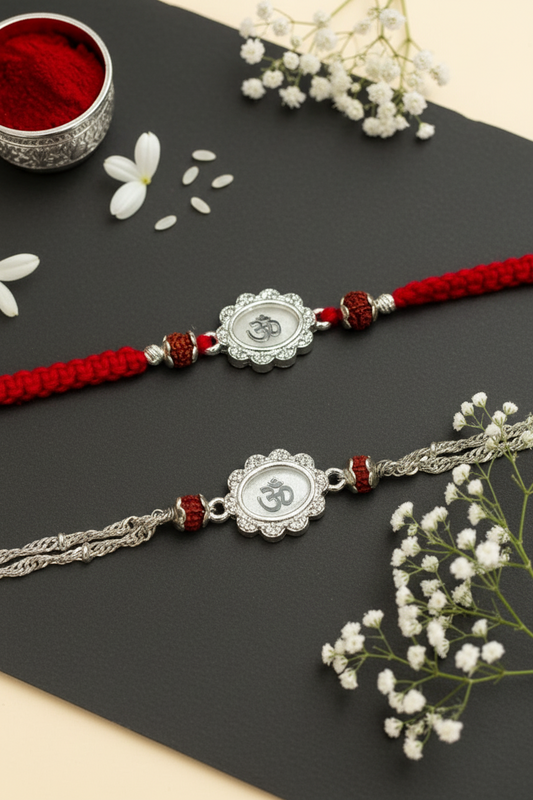 WHITE OM BHUMIKA SILVER RAKHI (COUPLE RAKHI)
