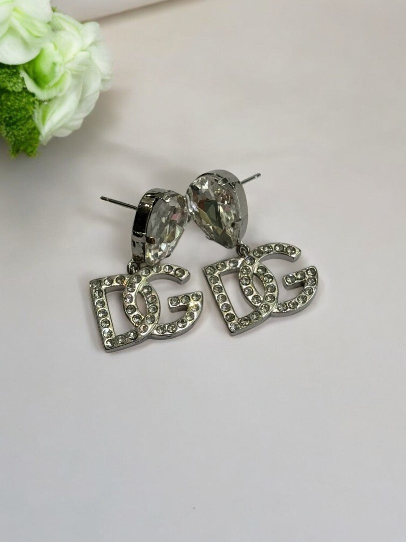 92.5 SILVER PLATED DOWN DROP STONE BRANDED EARRING