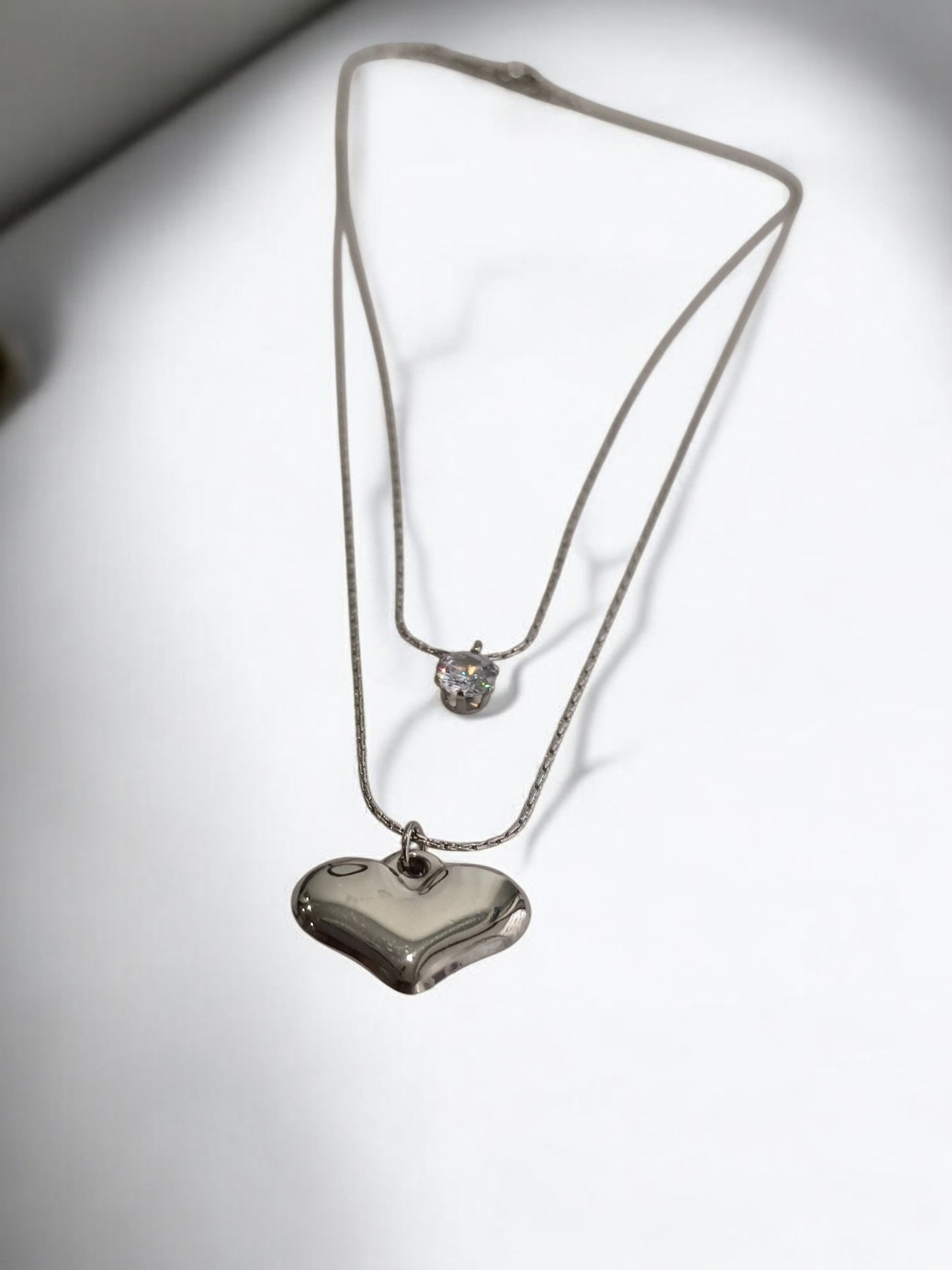 92.5 SILVER LAYERED CHAIN WITH SHINY DIAMOND AND HEART