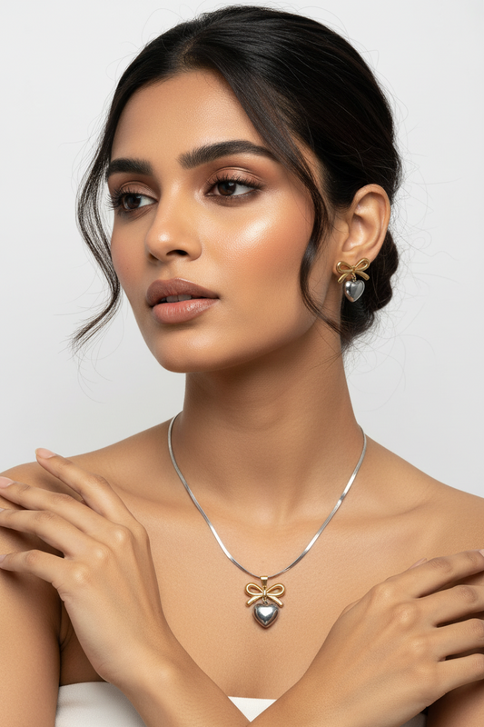 SILVER HEART WITH GOLD BOW RIMPI NECKLACE