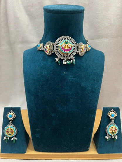 SKY BLUE AANANDITA GERMAN SILVER JEWELLERY SET