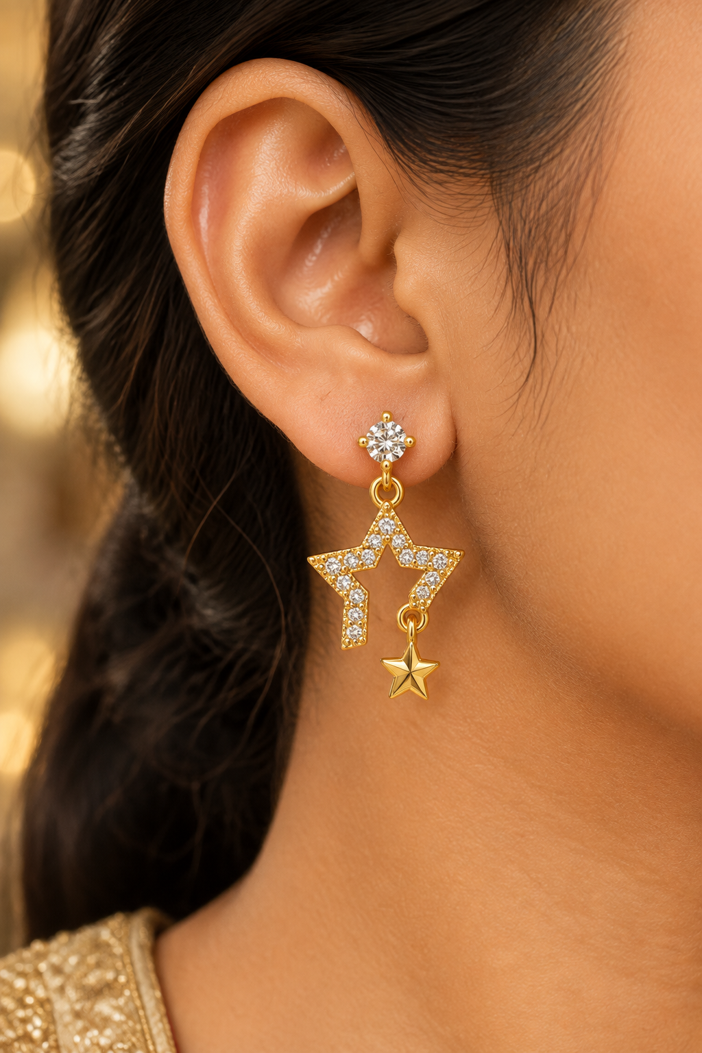 GOLDEN DIAMOND STAR SAM BALL BACK EARRINGS