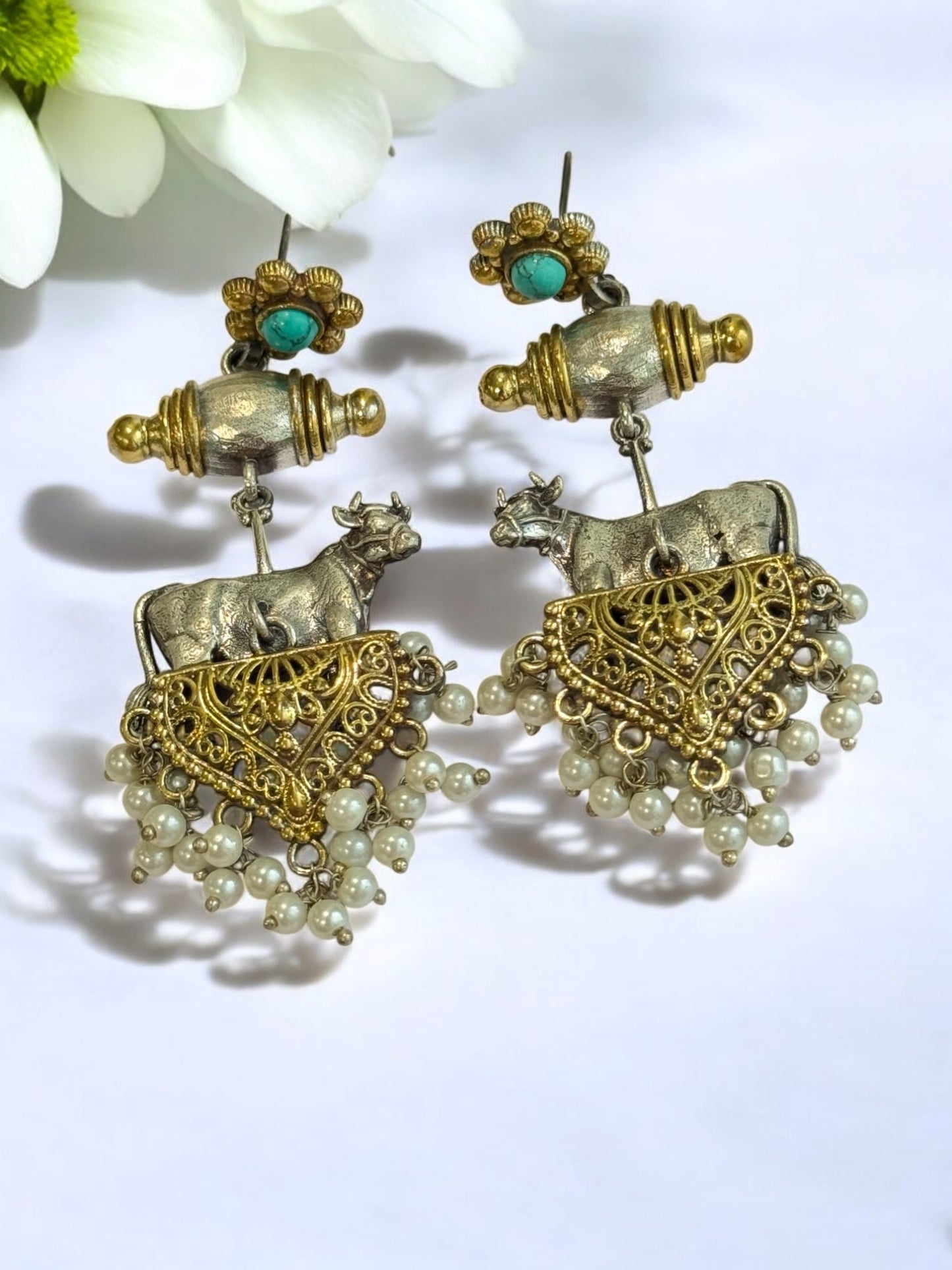 TURQUOISE BLUE NANSHI GERMAN SILVER EARRINGS