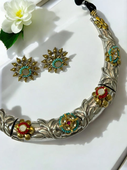 WHITE CHANDRIKA HASLI GERMAN SILVER JEWELLERY SET