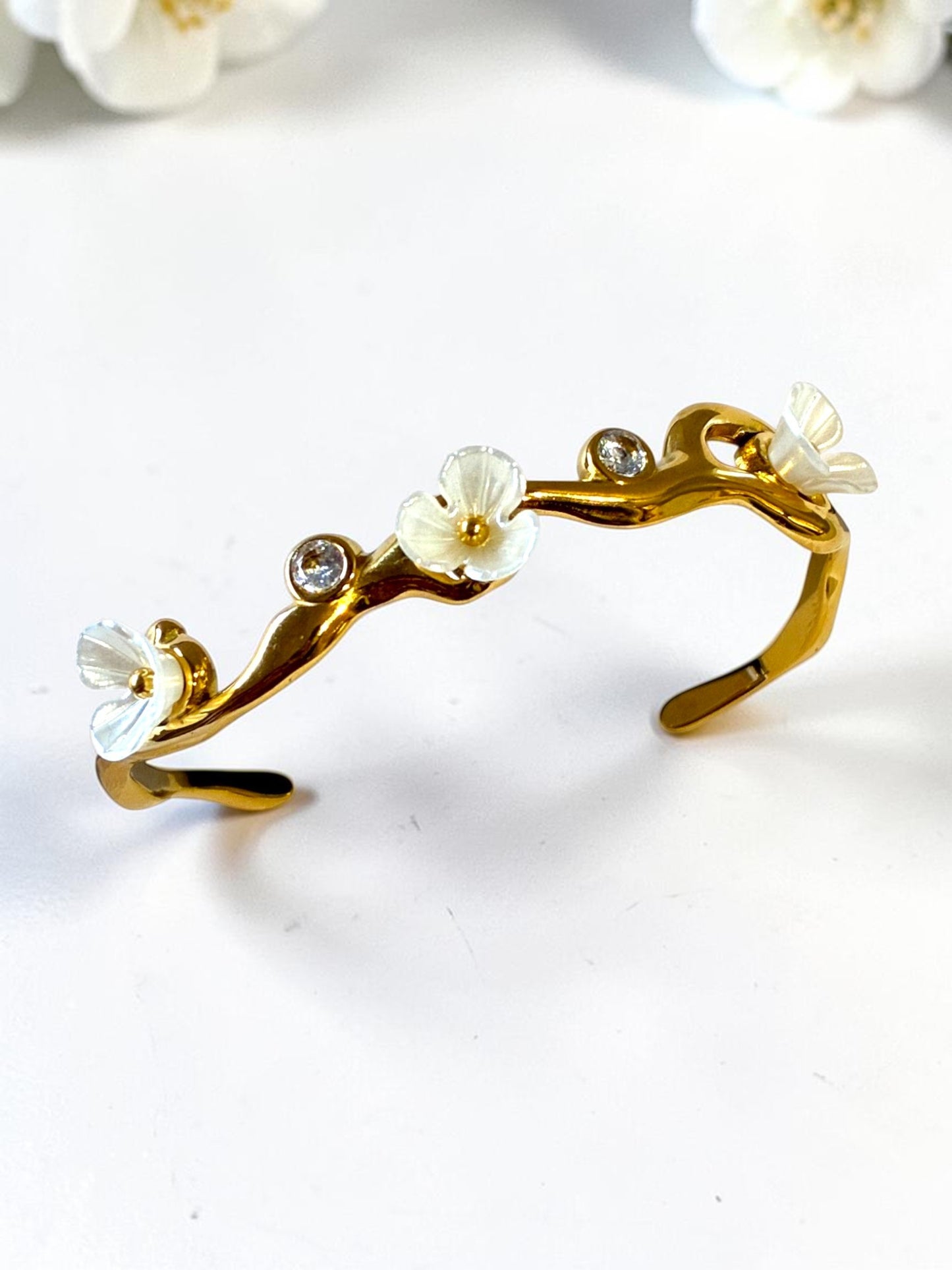 WHITE FLORAL SERENITY BRACELET (CUFF)