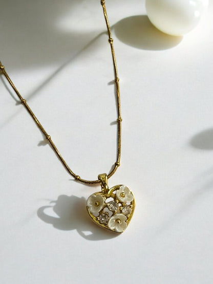 GOLDEN TINY BALLS CHAIN WITH FLOWER HEART PENDENT
