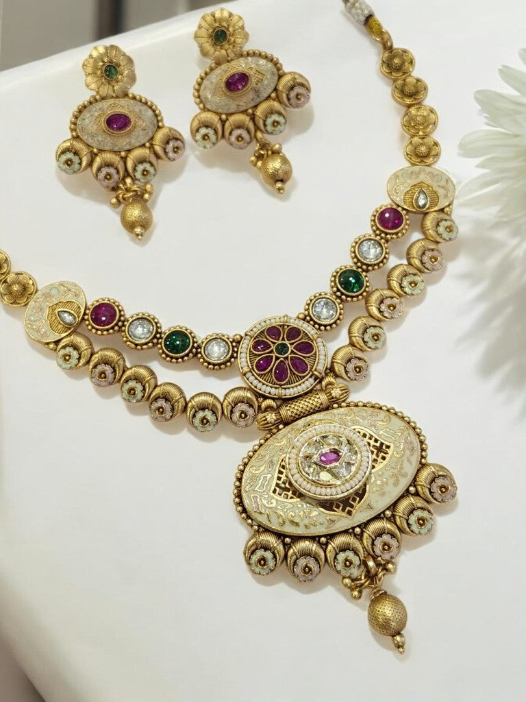 GOLDEN MATTE NECKLCE WITH MULTI KUNDAN AND MATCHING EARRINGS
