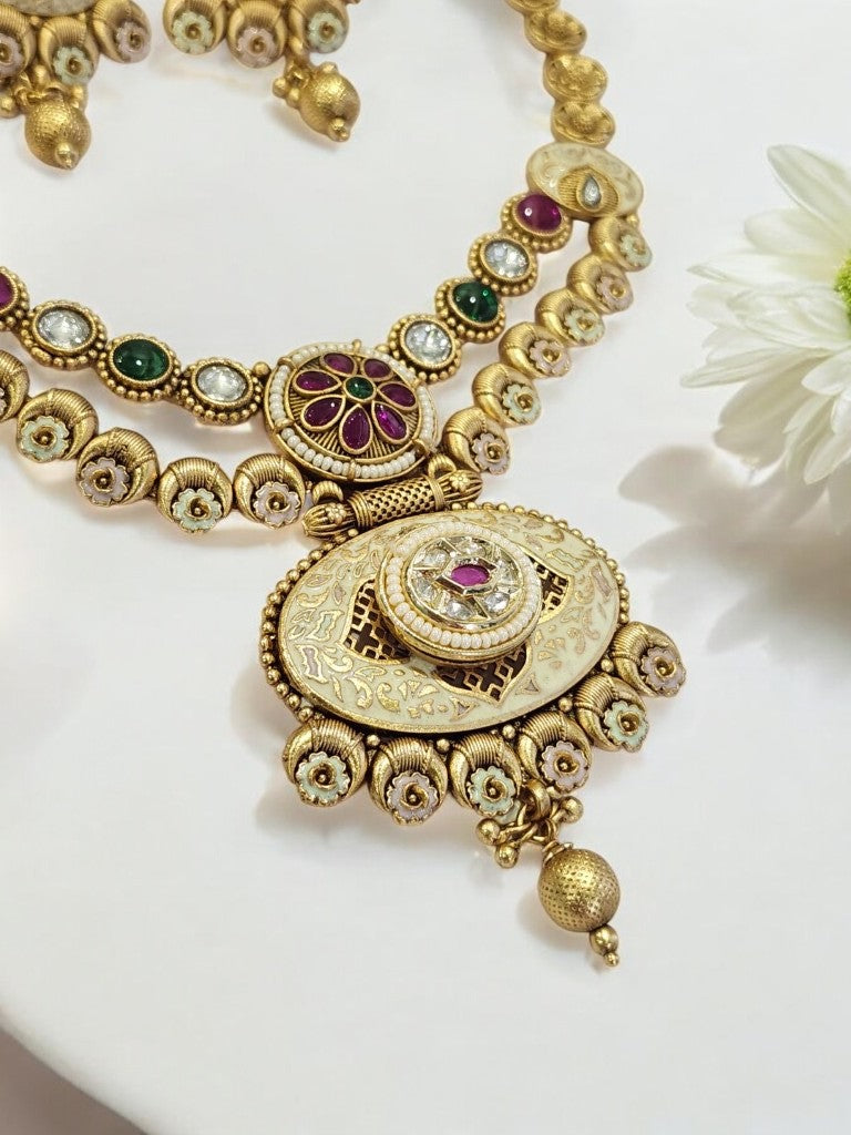 GOLDEN MATTE NECKLCE WITH MULTI KUNDAN AND MATCHING EARRINGS