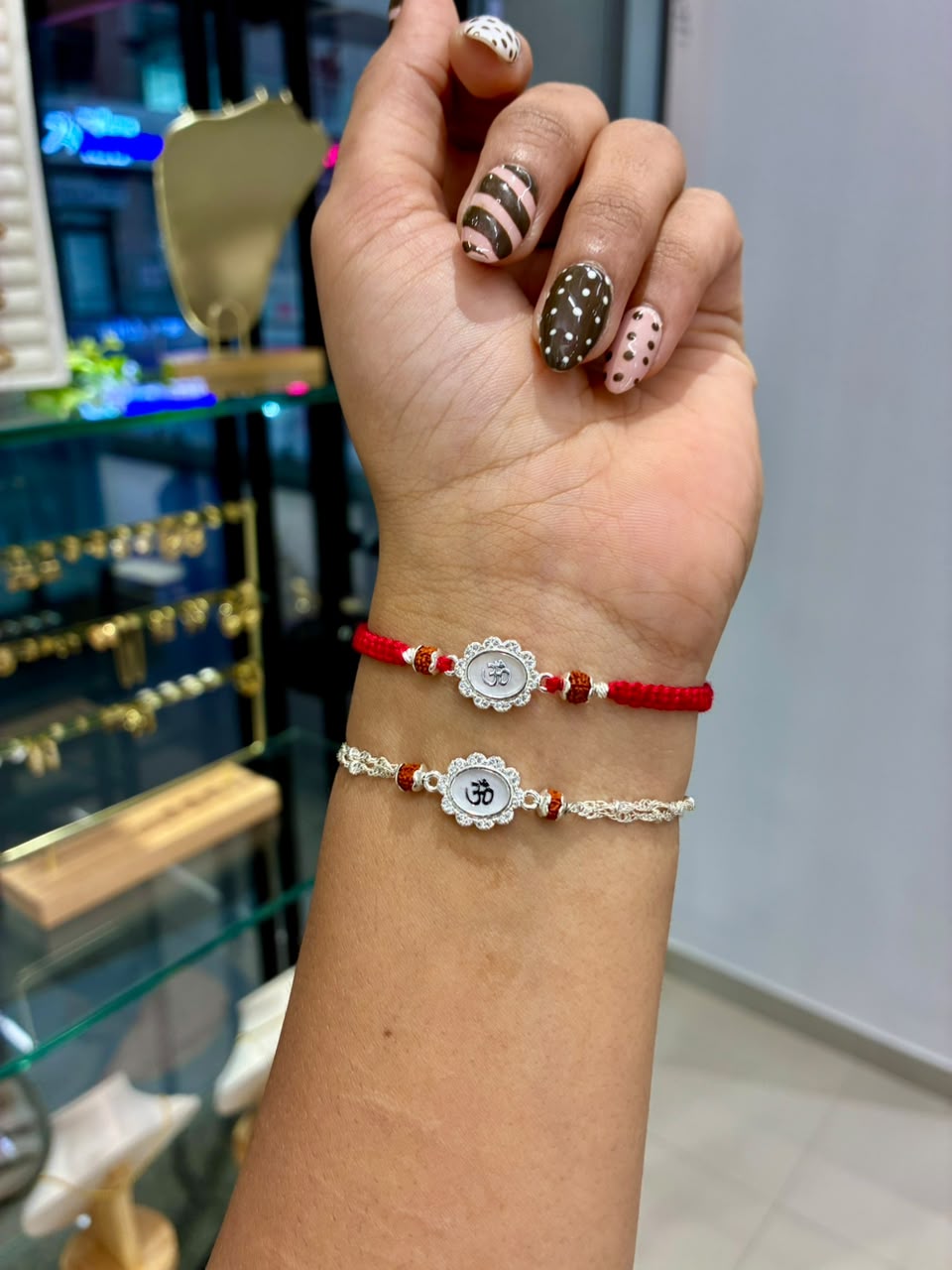WHITE OM BHUMIKA SILVER RAKHI (COUPLE RAKHI)